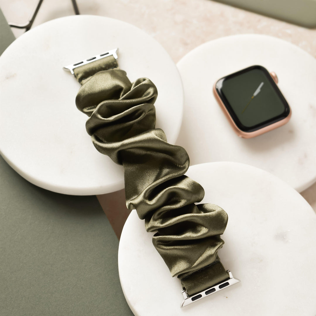 Satin-Green-Scrunchie-Apple-Watch-Strap-Band-Flat-Lay