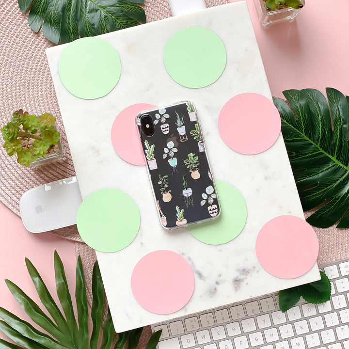 Clear Phone Case - House Plants on marble background surrounded by spots and plants